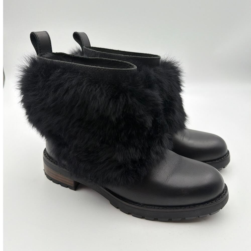 New UGG Otelia Black Leather Sheepskin Fur Ankle Boots 7 Wool Lined Après Ski